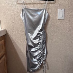 Blue chrome ruched mini dress